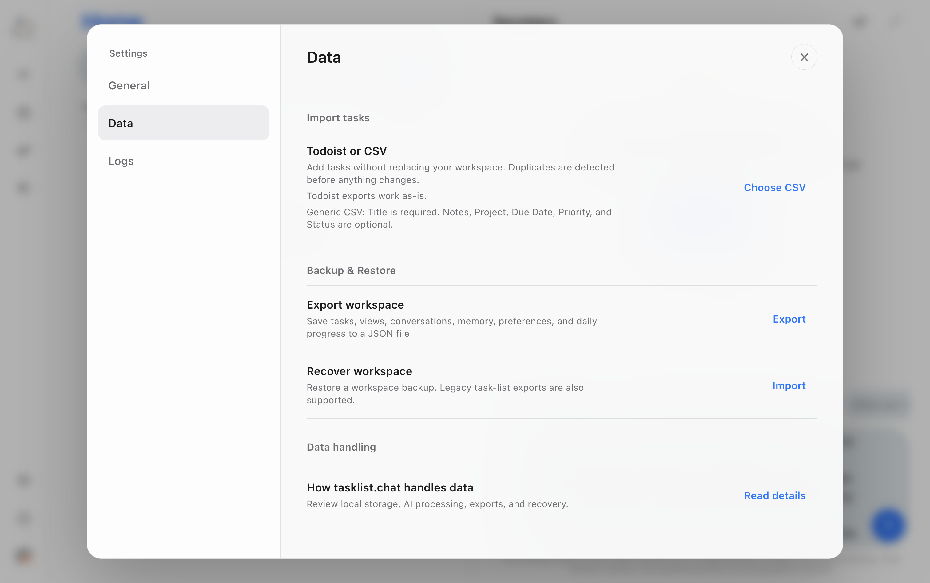 Aiken Dewit Settings Data modal